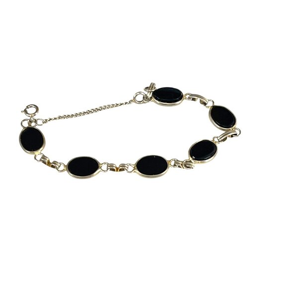 Elegant Gold & Black Onyx Oval Link Bracelet With Safety Chain - Picture 3 of 8